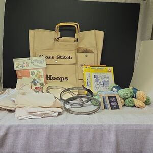 Crafting Supplies Bundle with Embroidery Patterns, Hoops, Cloth Pieces, Needles